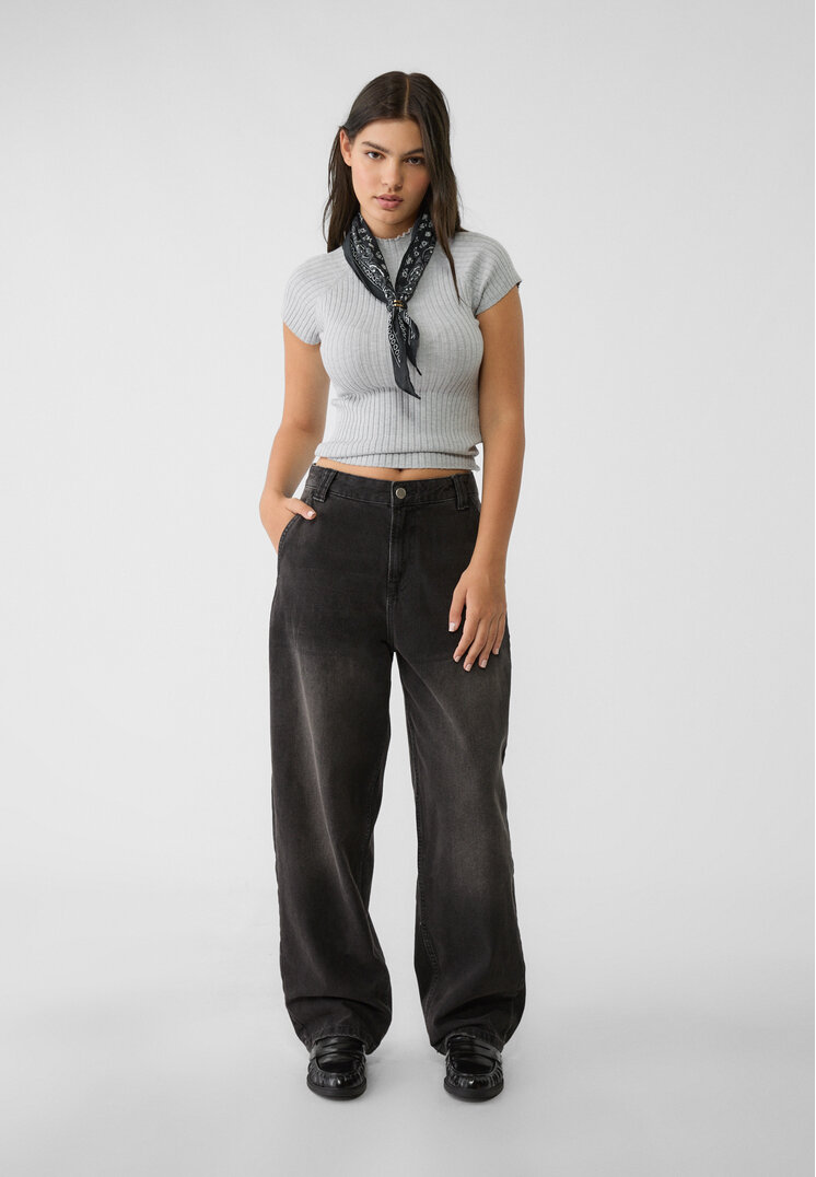 Stradivarius Blugi Baggy Loose Fit Denim Negru 40