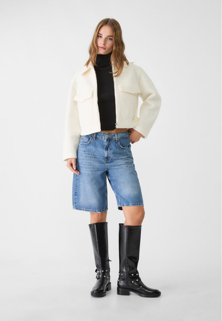 Stradivarius Bermude Tip Jort Relaxed Fit Din Denim Cu Ținte Denim Albastru 36