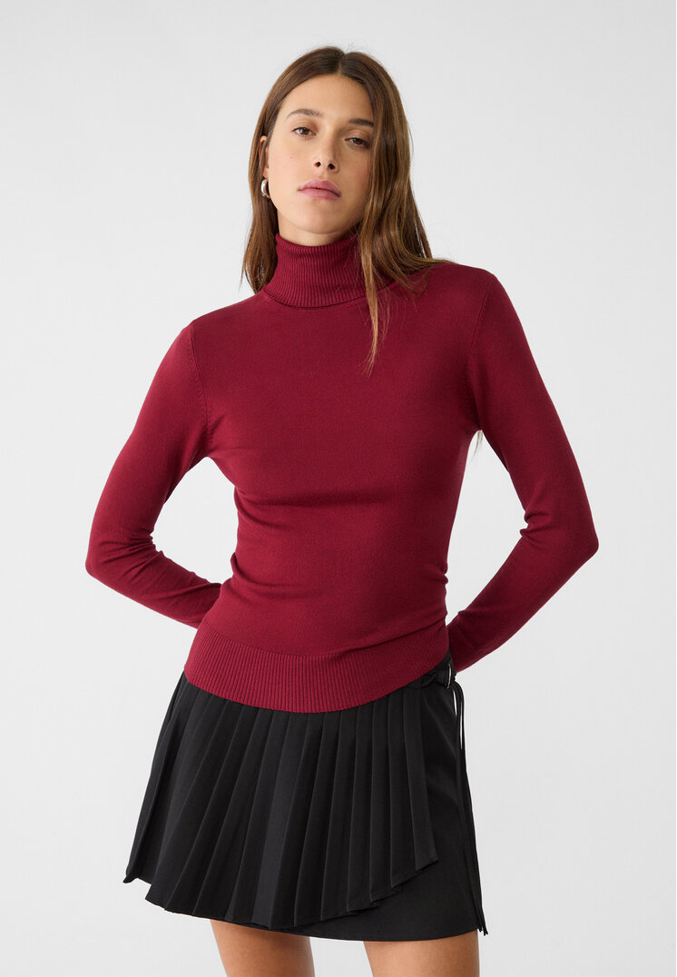 Stradivarius Pulover Din Tricot Cu Guler Întors Grena M