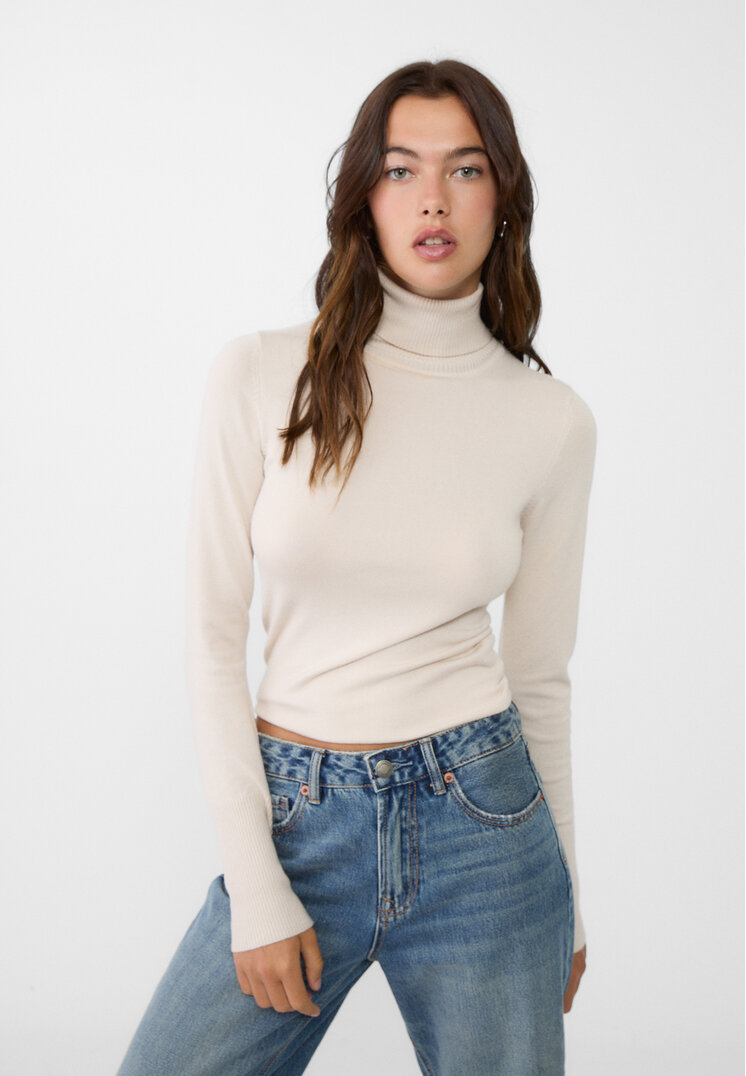 Stradivarius Pulover Din Tricot Cu Guler Întors Piatră M