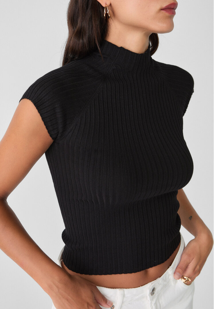Stradivarius Pulover Din Tricot Cu Mânecă Foarte Scurtă Negru M