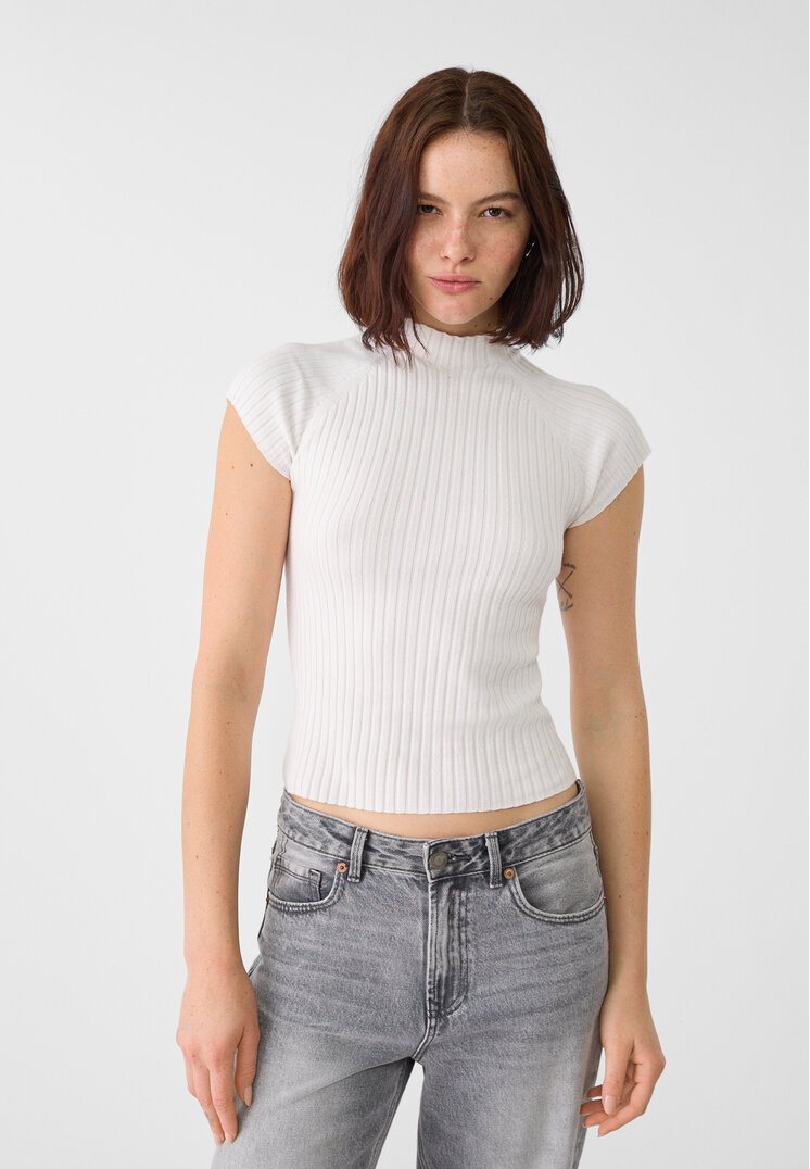 Stradivarius Pulover Din Tricot Cu Mânecă Foarte Scurtă Ecru Xs