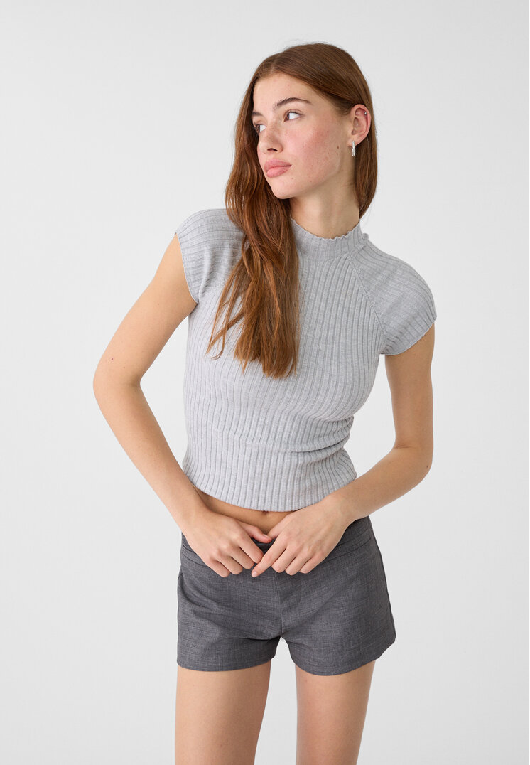 Stradivarius Pulover Din Tricot Cu Mânecă Foarte Scurtă Gris Amestec Xs