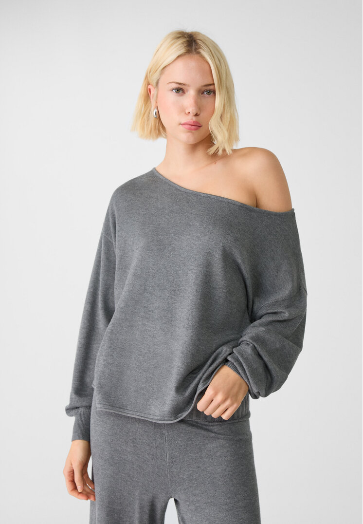 Stradivarius Pulover Din Tricot Cu Guler Bărcuță Și Eșarfă Gri Închis L