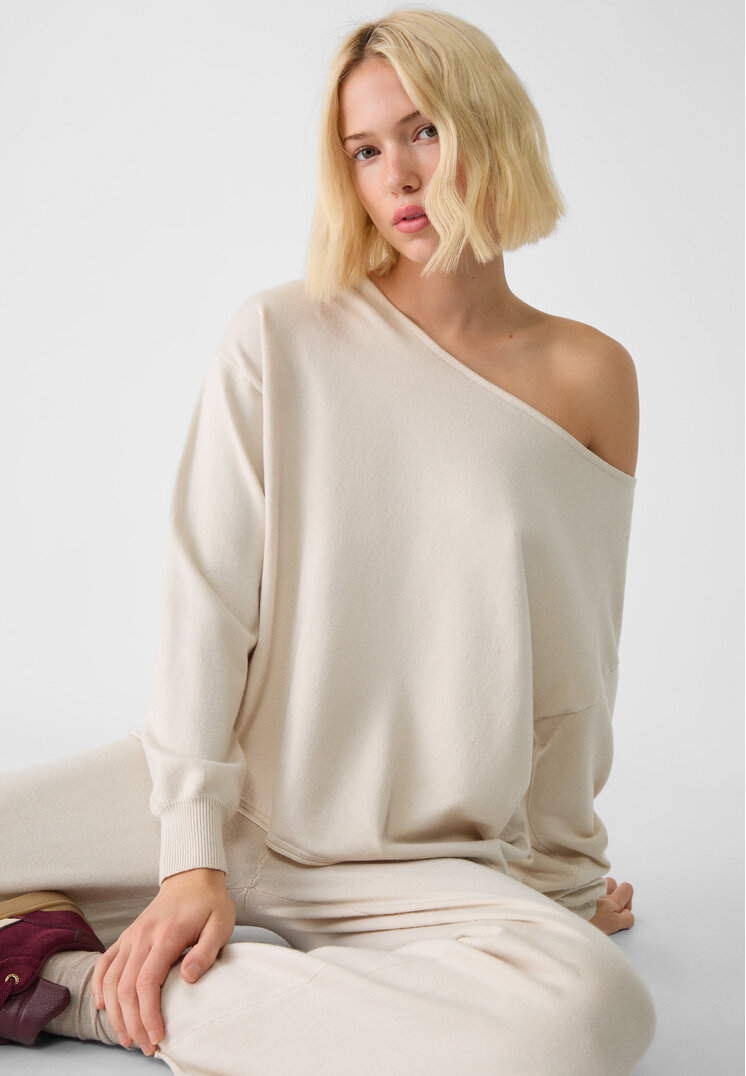 Stradivarius Pulover Din Tricot Cu Guler Bărcuță Și Eșarfă Piatră M