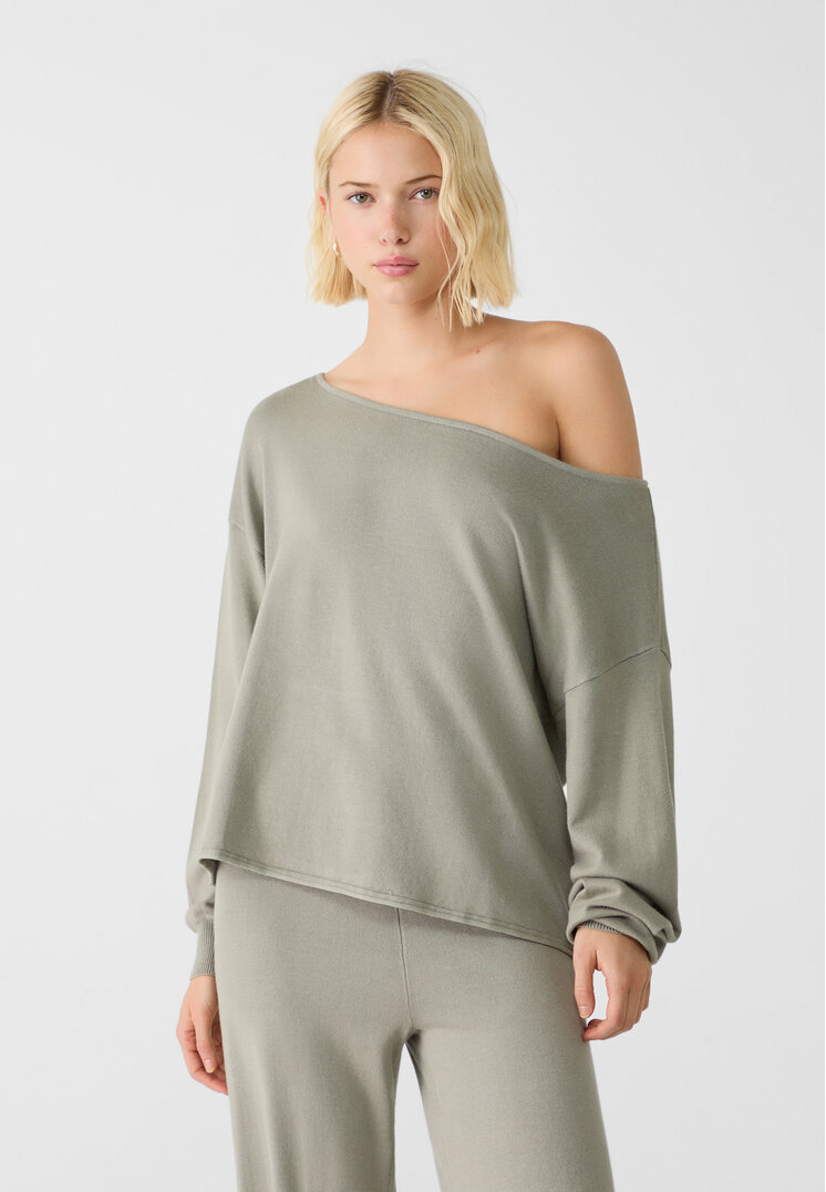 Stradivarius Pulover Din Tricot Cu Guler Bărcuță Și Eșarfă Kaki Xs