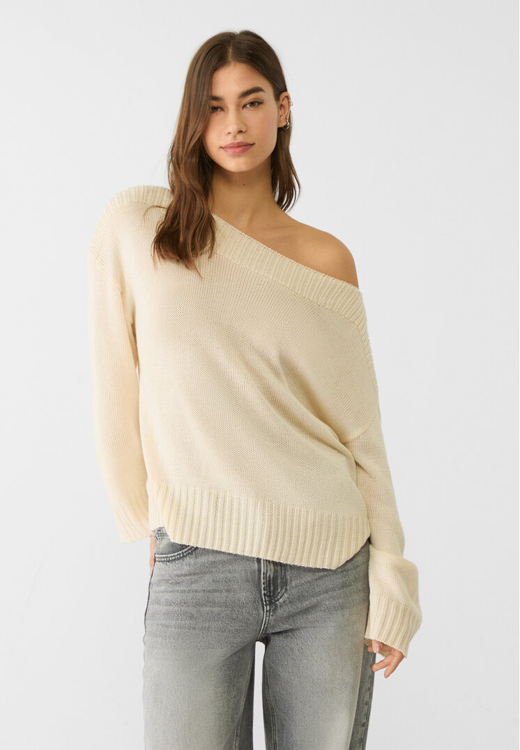 Stradivarius Pulover Din Tricot Cu Guler Bărcuță Și Detalii Rib Vanilie S