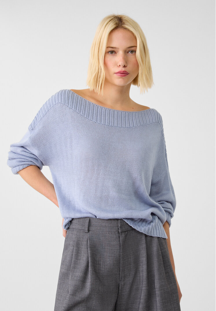 Stradivarius Pulover Din Tricot Cu Guler Bărcuță Și Detalii Rib Azuriu L