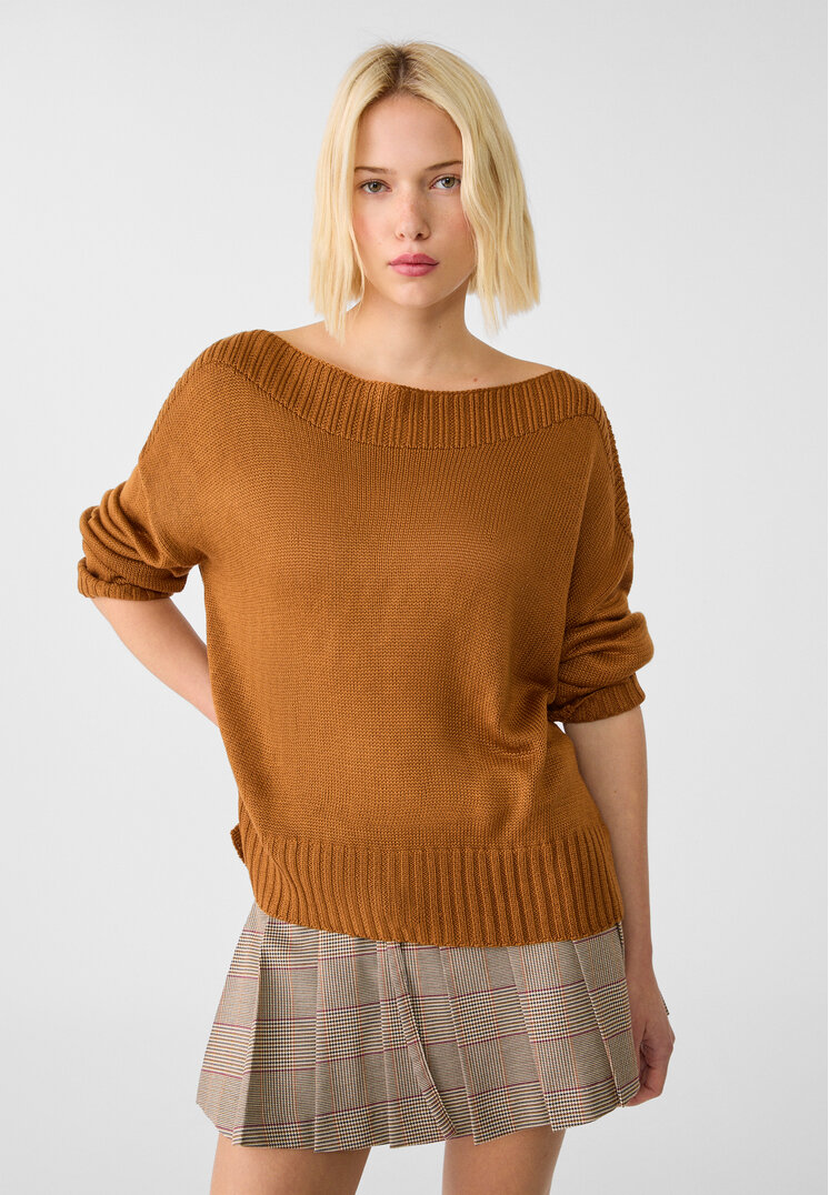 Stradivarius Pulover Din Tricot Cu Guler Bărcuță Și Detalii Rib Ocru Xs