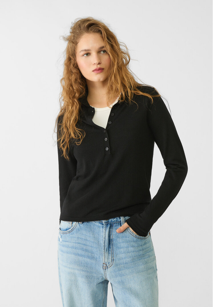 

Stradivarius Strickpullover im Polo-Stil mit Zopfmuster Schwarz XL