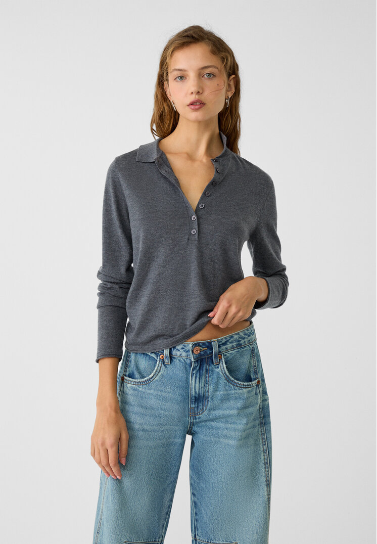 Stradivarius Pulover Polo Din Tricot Cu Nasturi Gri Închis S
