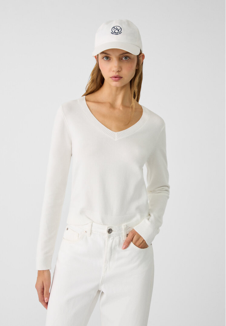 Stradivarius Pulover Simplu Din Tricot Cu Decolteu În V Ecru L