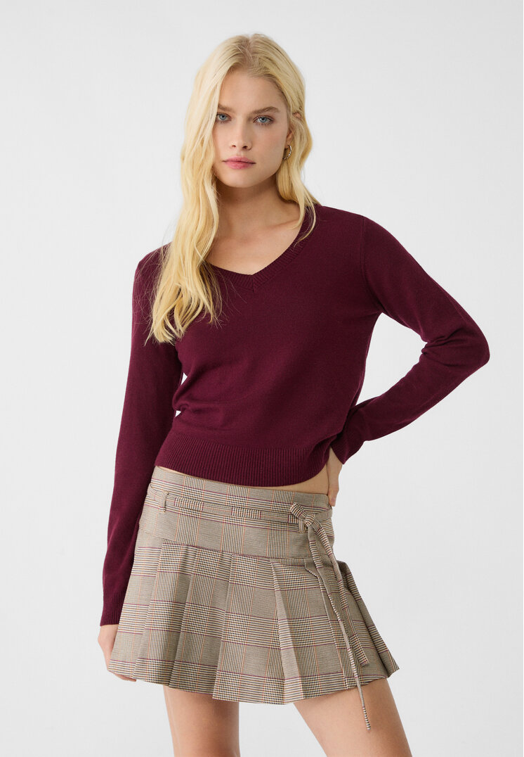 Stradivarius Pulover Simplu Din Tricot Cu Decolteu În V Mov S