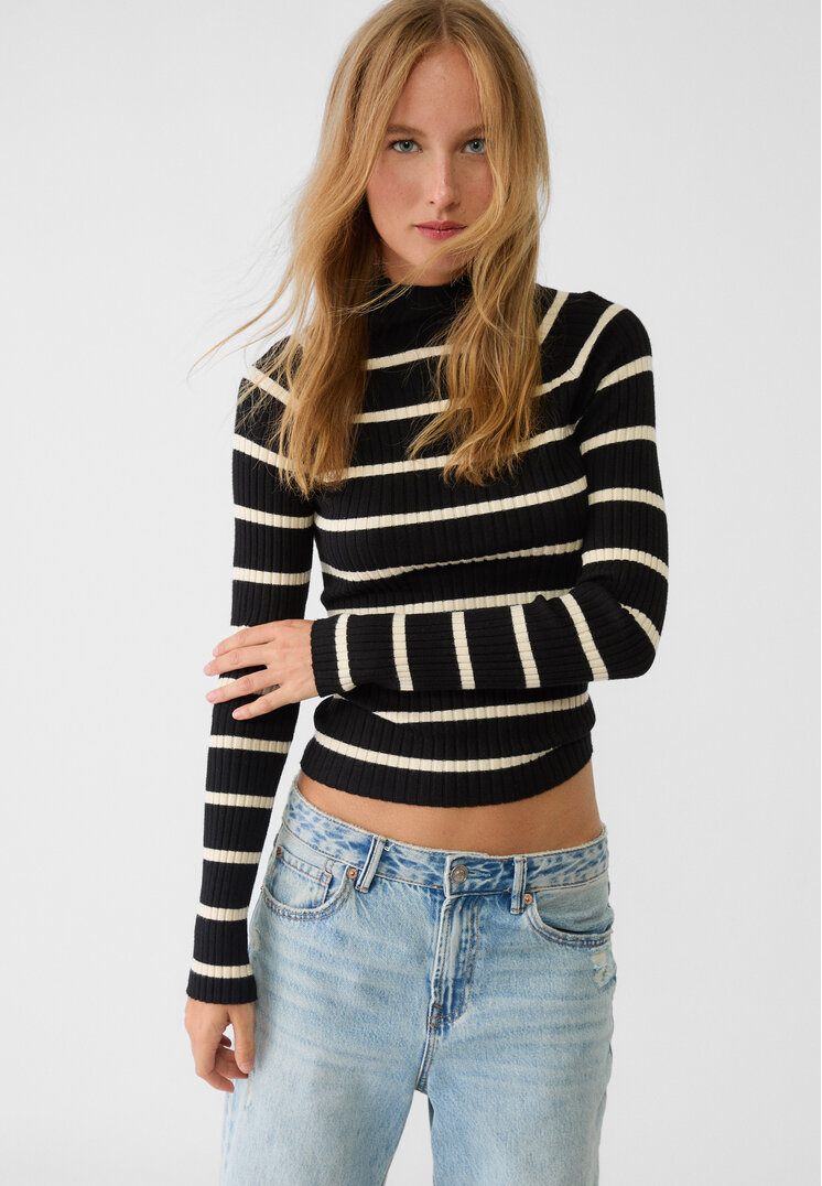 Stradivarius Pulover Reiat Cu Guler Înalt Și Dungi Negru M