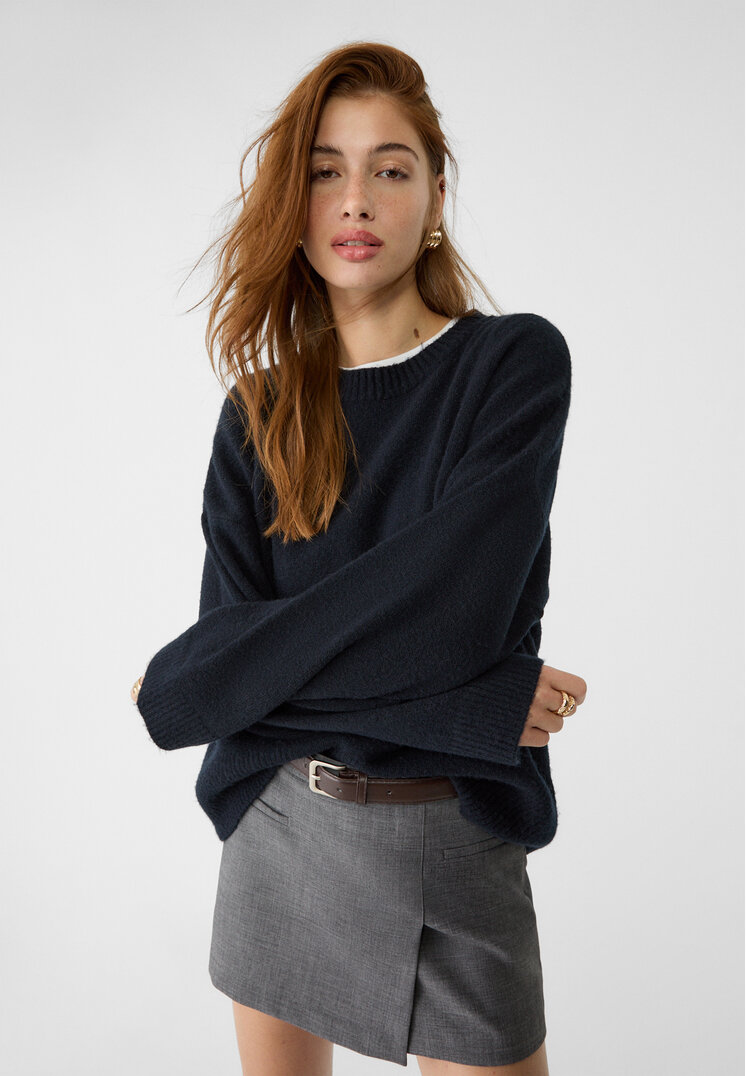 Stradivarius Pulover Din Tricot Soft Bleumarin Xs