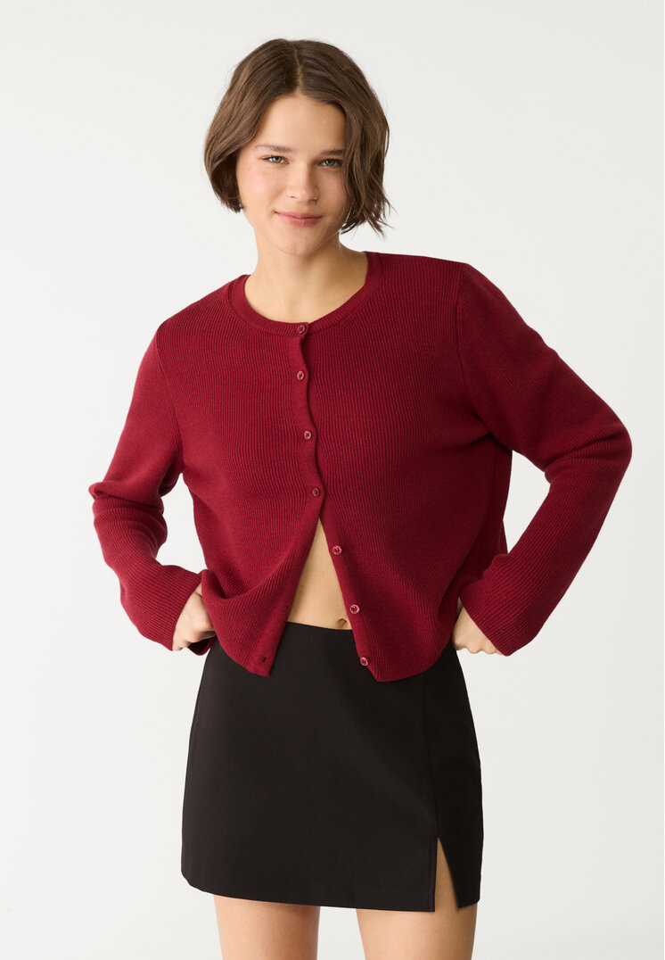 Stradivarius Jachetă Din Tricot Rib Cu Nasturi Grena Xs