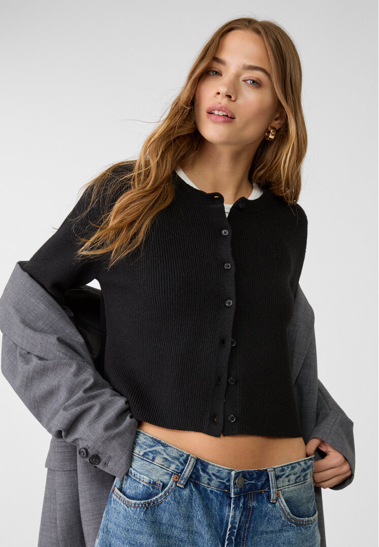 Stradivarius Jachetă Din Tricot Rib Cu Nasturi Negru M