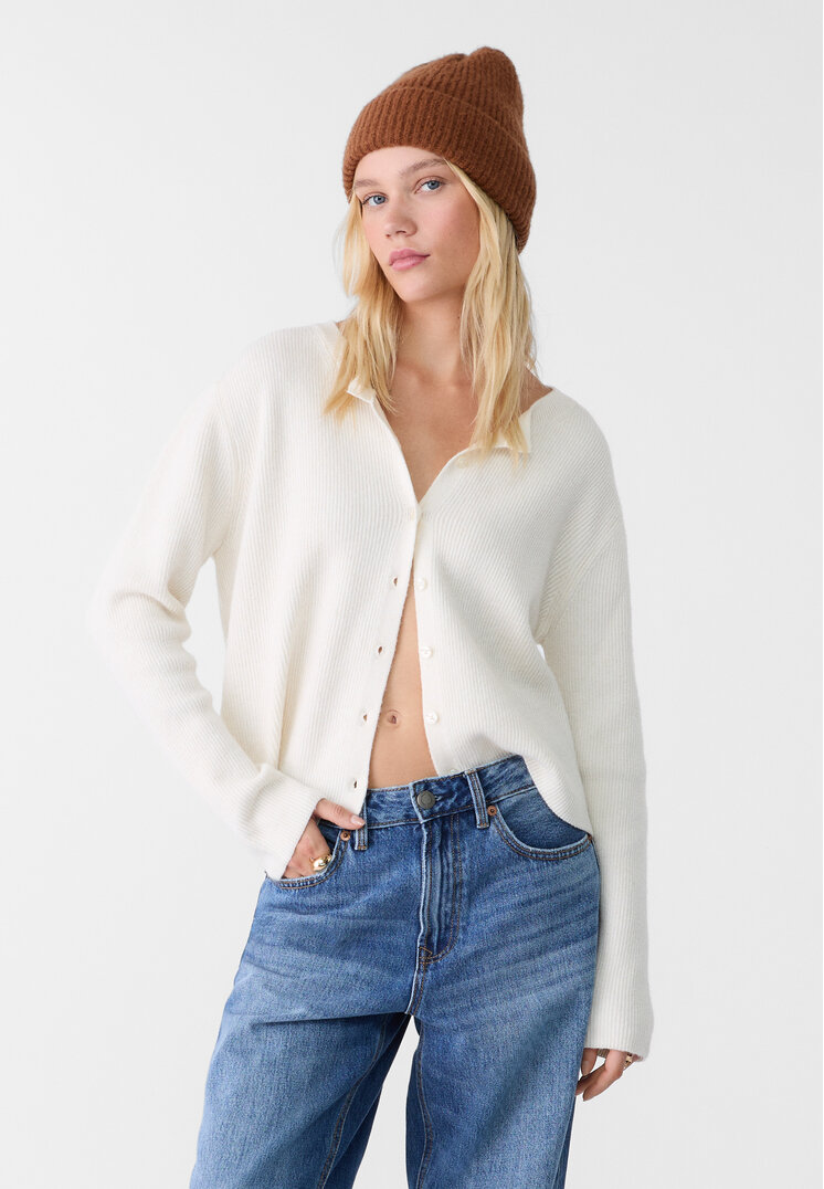 Stradivarius Jachetă Din Tricot Rib Cu Nasturi Vanilie Xs
