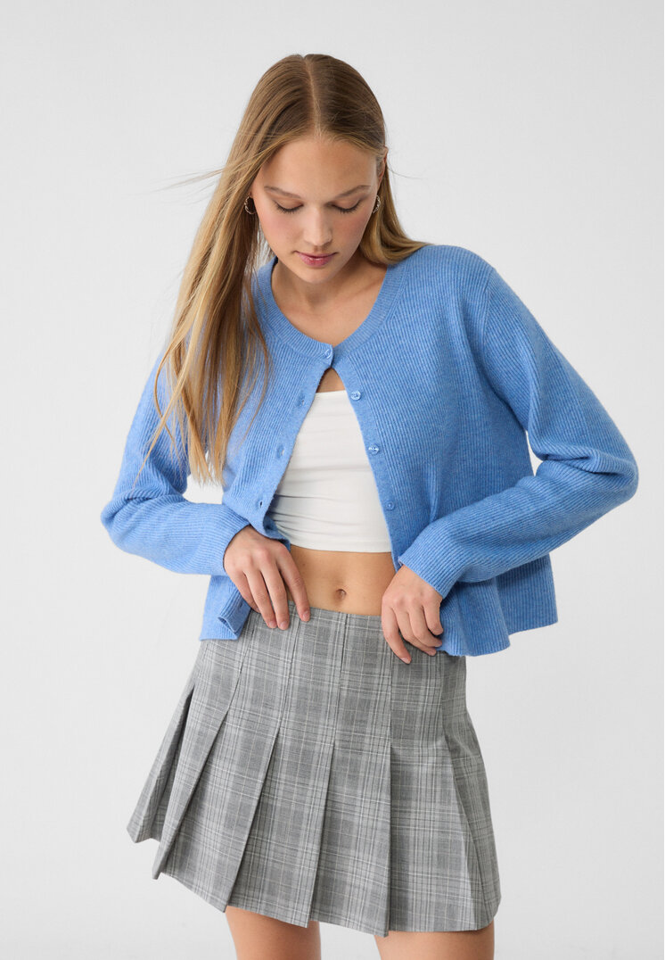 Stradivarius Jachetă Din Tricot Rib Cu Nasturi Azuriu Xl