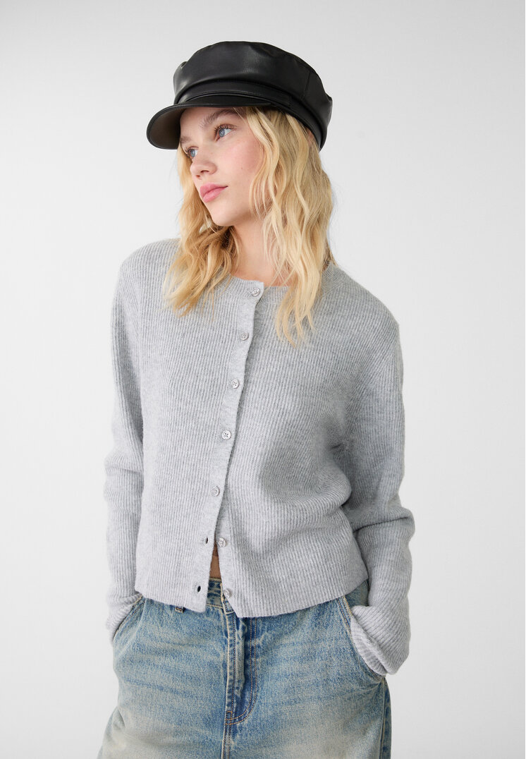 Stradivarius Jachetă Din Tricot Rib Cu Nasturi Gris Amestec Xs