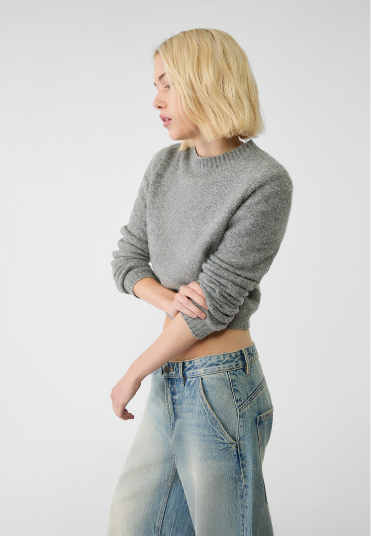 Stradivarius Pulover Cropped Soft Gri Închis S