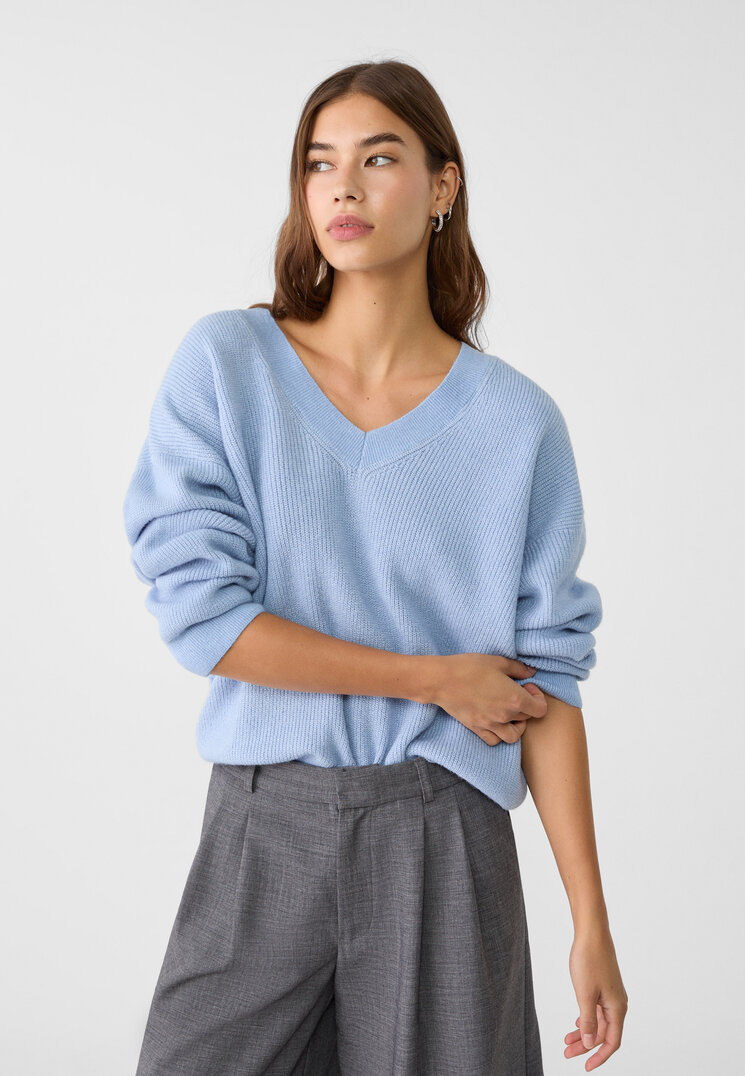 

Stradivarius Sweter z filcowanej dzianiny z dekoltem w serek Błękitny XL