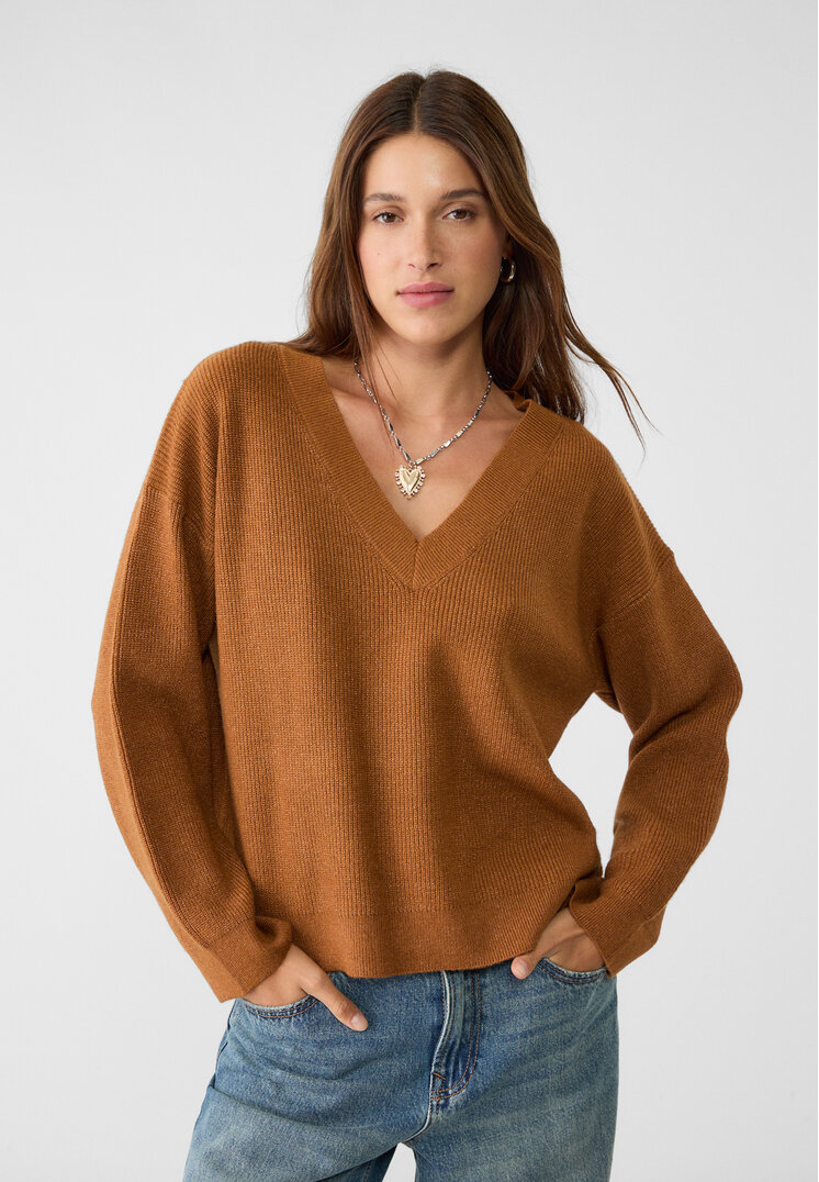 

Stradivarius Sweter z filcowanej dzianiny z dekoltem w serek Brązowy XL