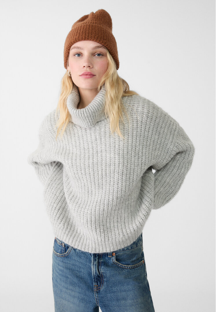 Stradivarius Pulover Din Tricot Cu Guler Întors Rib Gris Amestec S