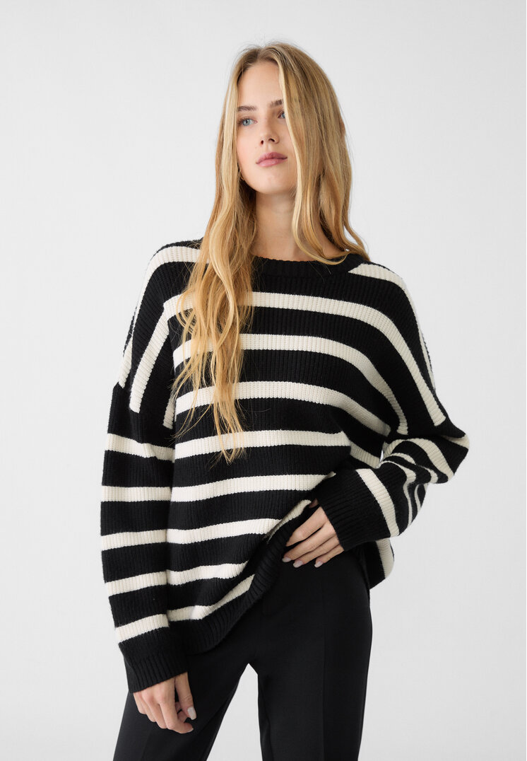 Stradivarius Pulover Din Tricot În Dungi Negru M