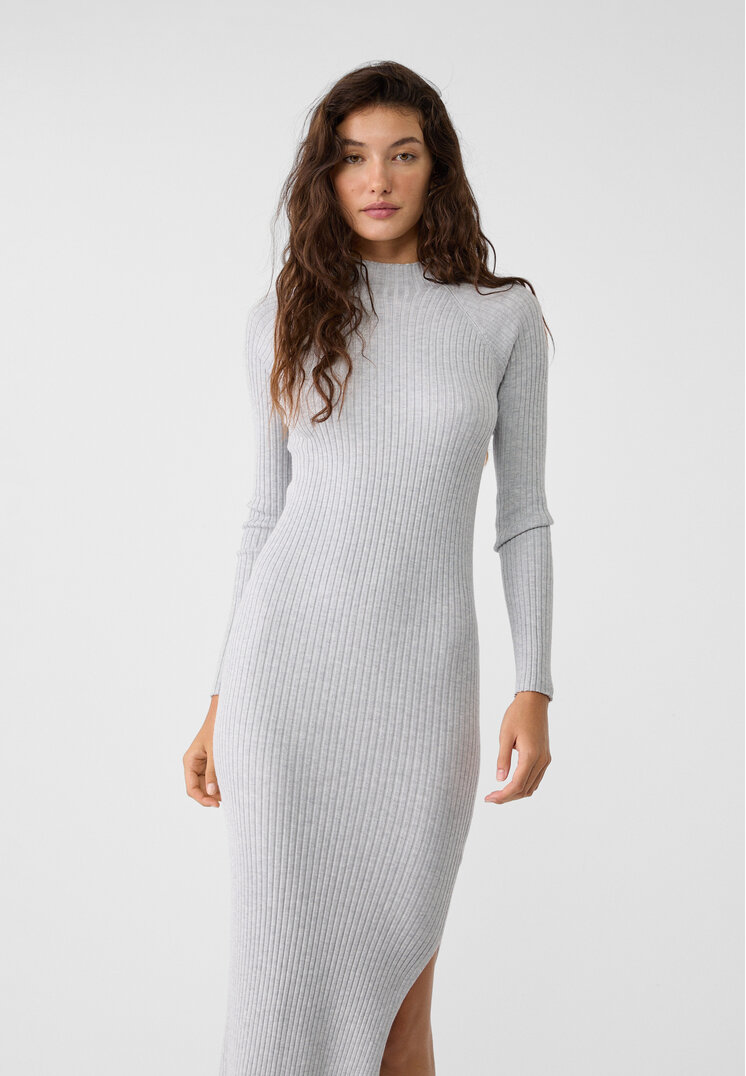 Stradivarius Rochie Din Tricot Cu Guler Înalt Gris Amestec S