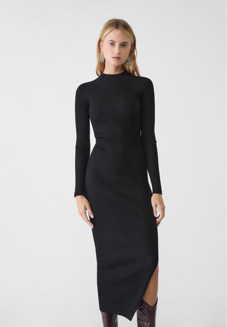 Stradivarius Rochie Din Tricot Cu Guler Înalt Negru Xs