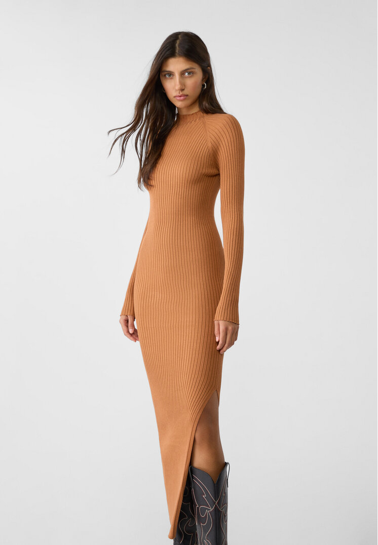Stradivarius Rochie Din Tricot Cu Guler Înalt Ocru Xs