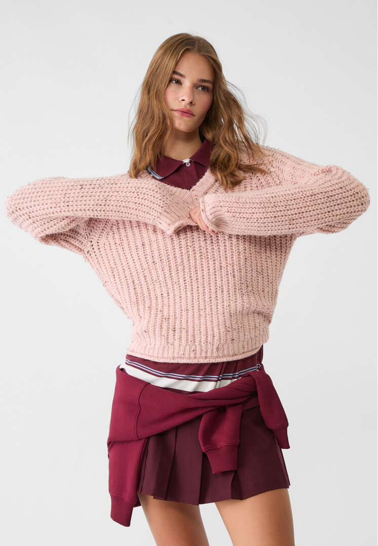Stradivarius Pulover Din Tricot Cu Guler În V Roz Pastel Xs