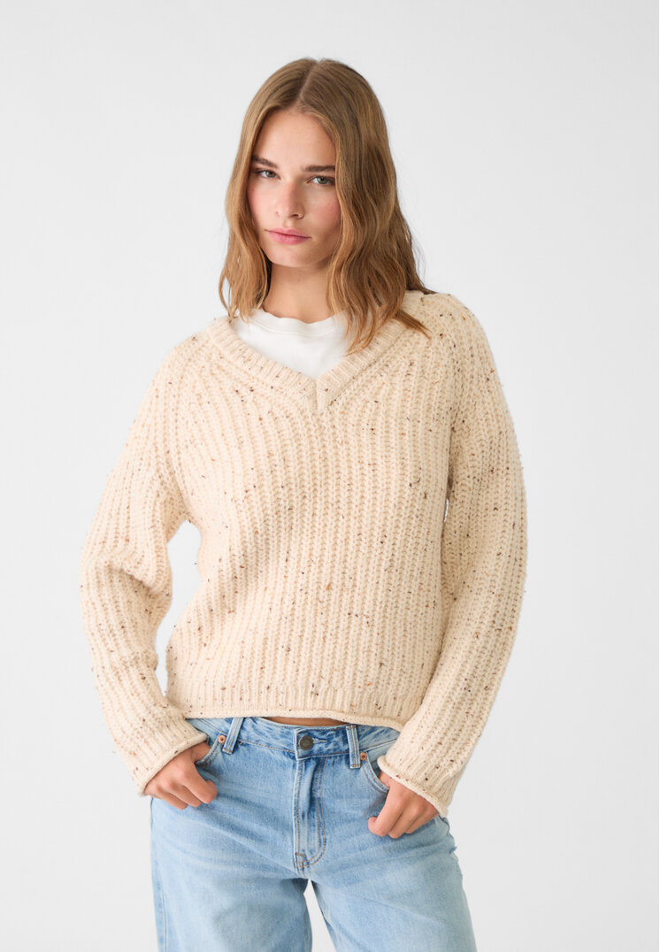 Stradivarius Pulover Din Tricot Cu Guler În V Piatră M