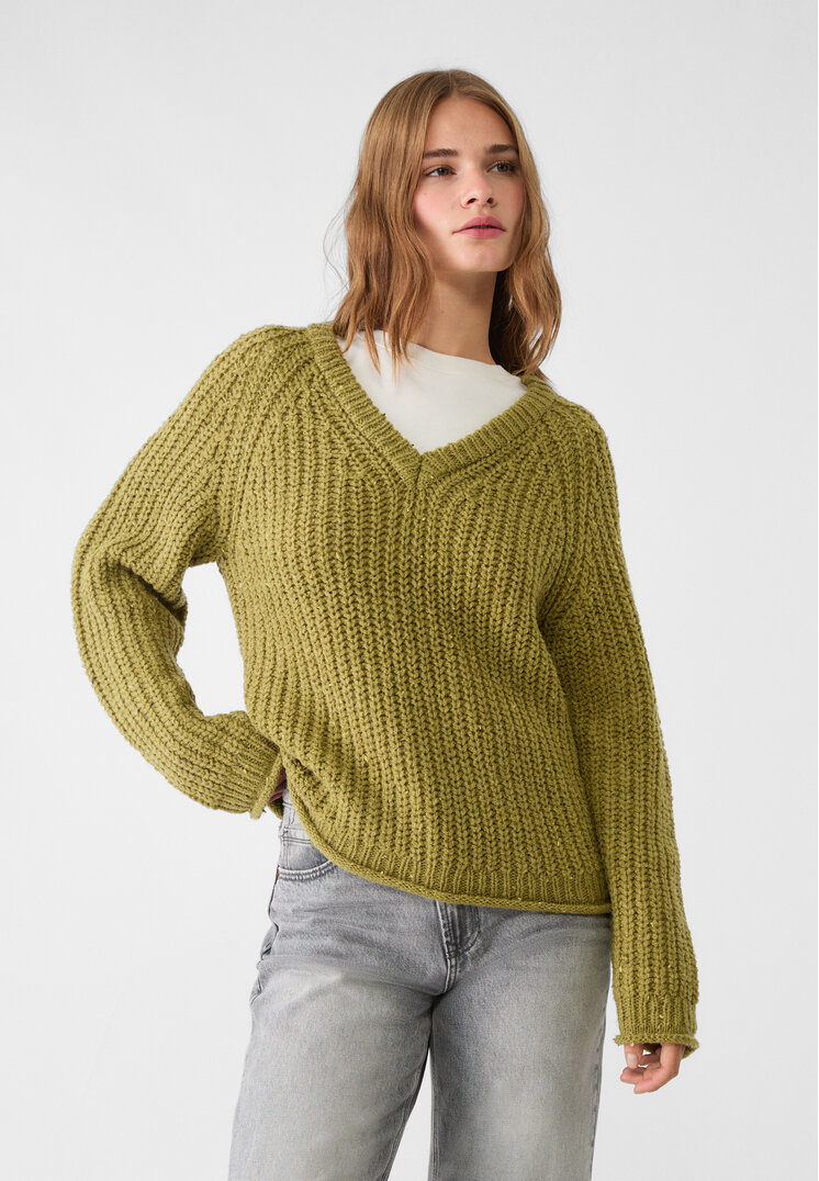 Stradivarius Pulover Din Tricot Cu Guler În V Verde Măslină Xs