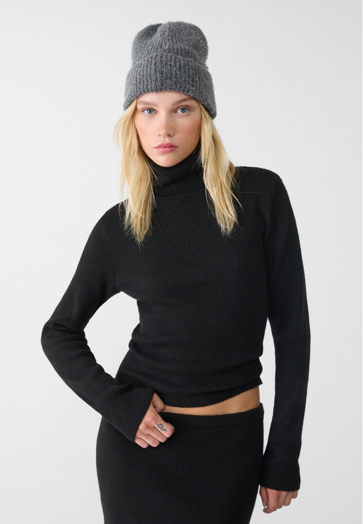 Stradivarius Pulover Din Tricot Cu Guler Înalt Negru Xs
