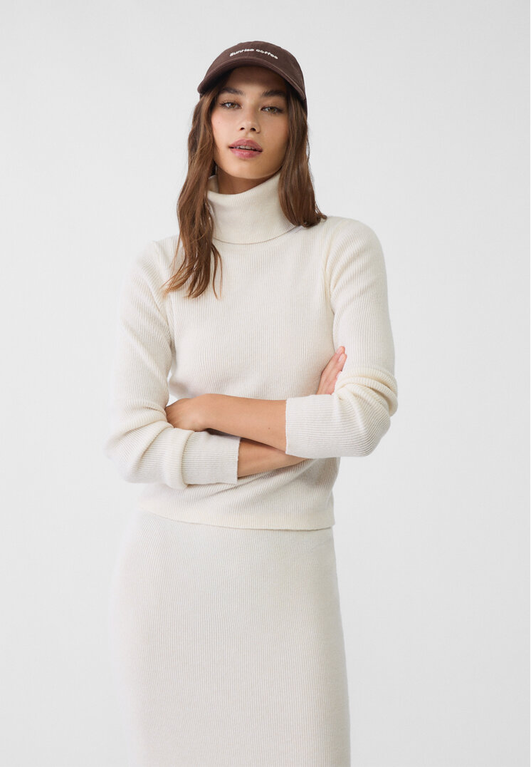 Stradivarius Pulover Din Tricot Cu Guler Înalt Ecru M
