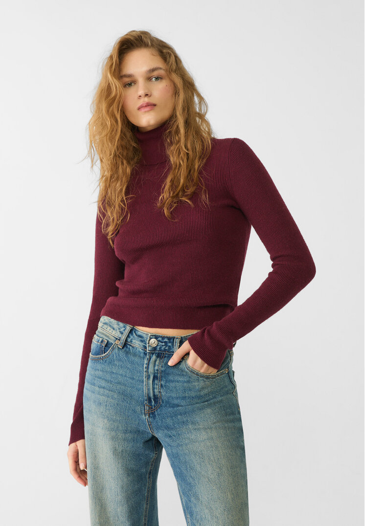 Stradivarius Pulover Din Tricot Cu Guler Înalt Grena Xs
