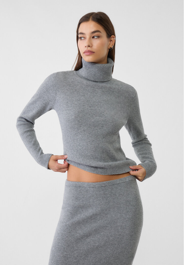 Stradivarius Pulover Din Tricot Cu Guler Înalt Gri Închis L