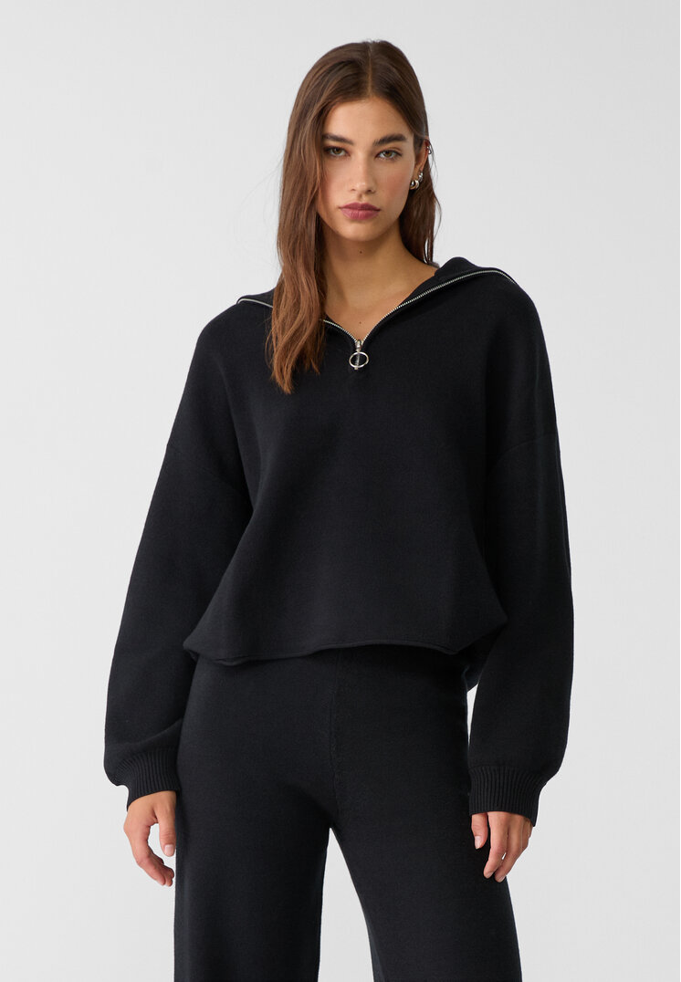 Stradivarius Pulover Din Tricot Cu Fermoar Negru S