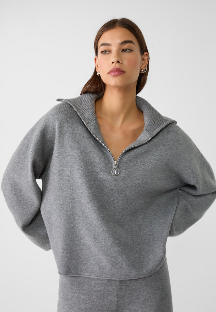 Stradivarius Pulover Din Tricot Cu Fermoar Gri Închis M