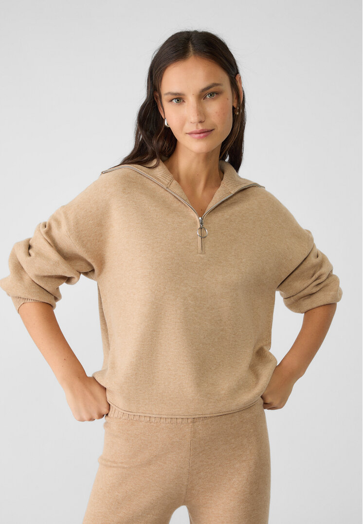 Stradivarius Pulover Din Tricot Cu Fermoar Bej Melange L