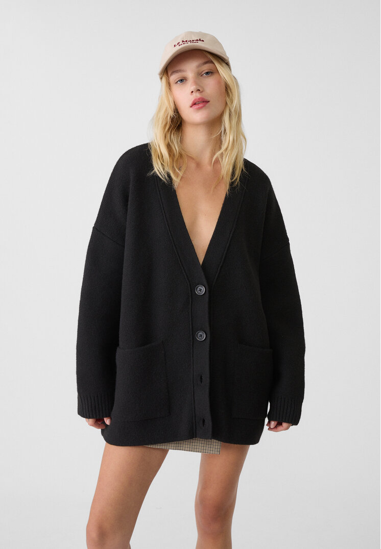 Stradivarius Jachetă Lungă Din Tricot Cu Buzunare Negru Xs-S