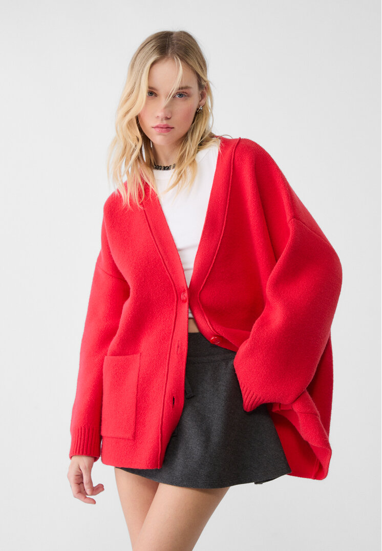 Stradivarius Jachetă Lungă Din Tricot Cu Buzunare Roșu M-L