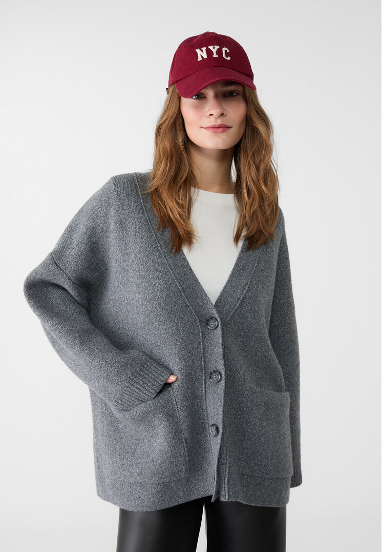 Stradivarius Jachetă Lungă Din Tricot Cu Buzunare Gri Închis Xs-S
