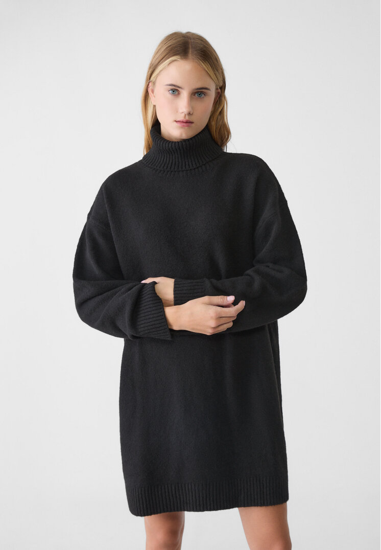 Stradivarius Rochie Din Tricot Flaușat Cu Guler Întors Negru S