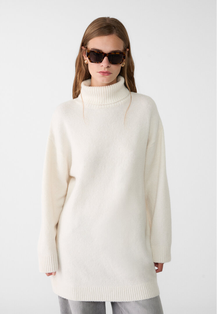 Stradivarius Rochie Din Tricot Flaușat Cu Guler Întors Vanilie S