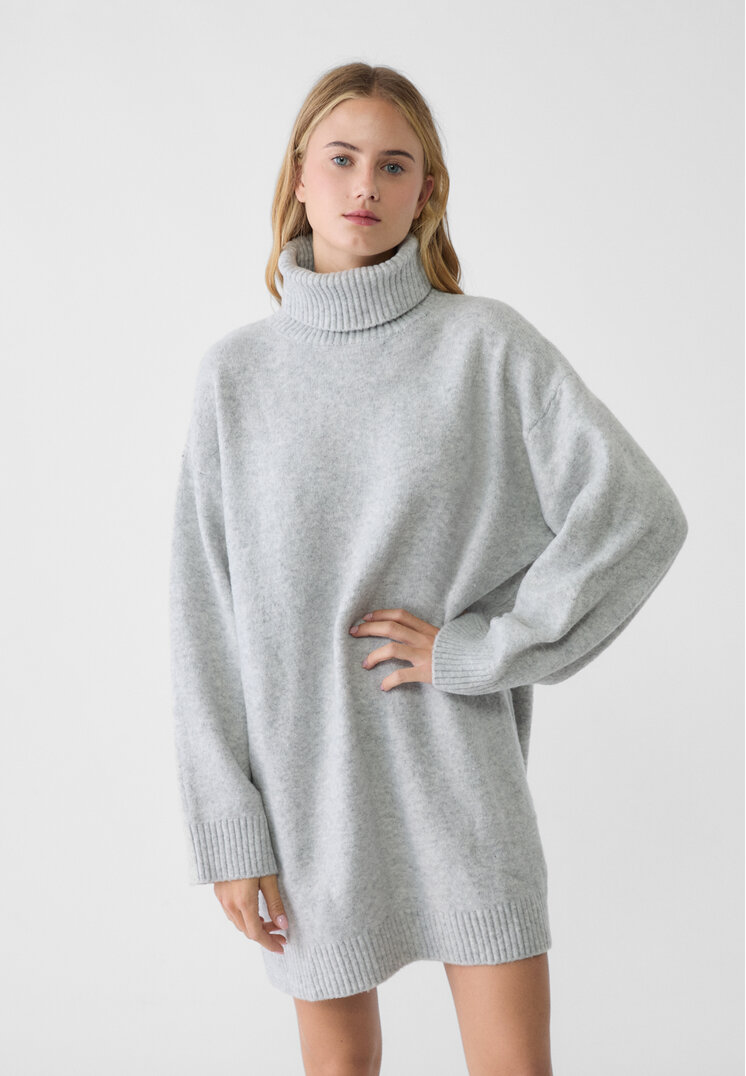 Stradivarius Rochie Din Tricot Flaușat Cu Guler Întors Gris Amestec S