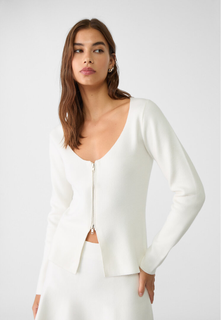 Stradivarius Jachetă Din Tricot Cu Fermoar Ecru Xs