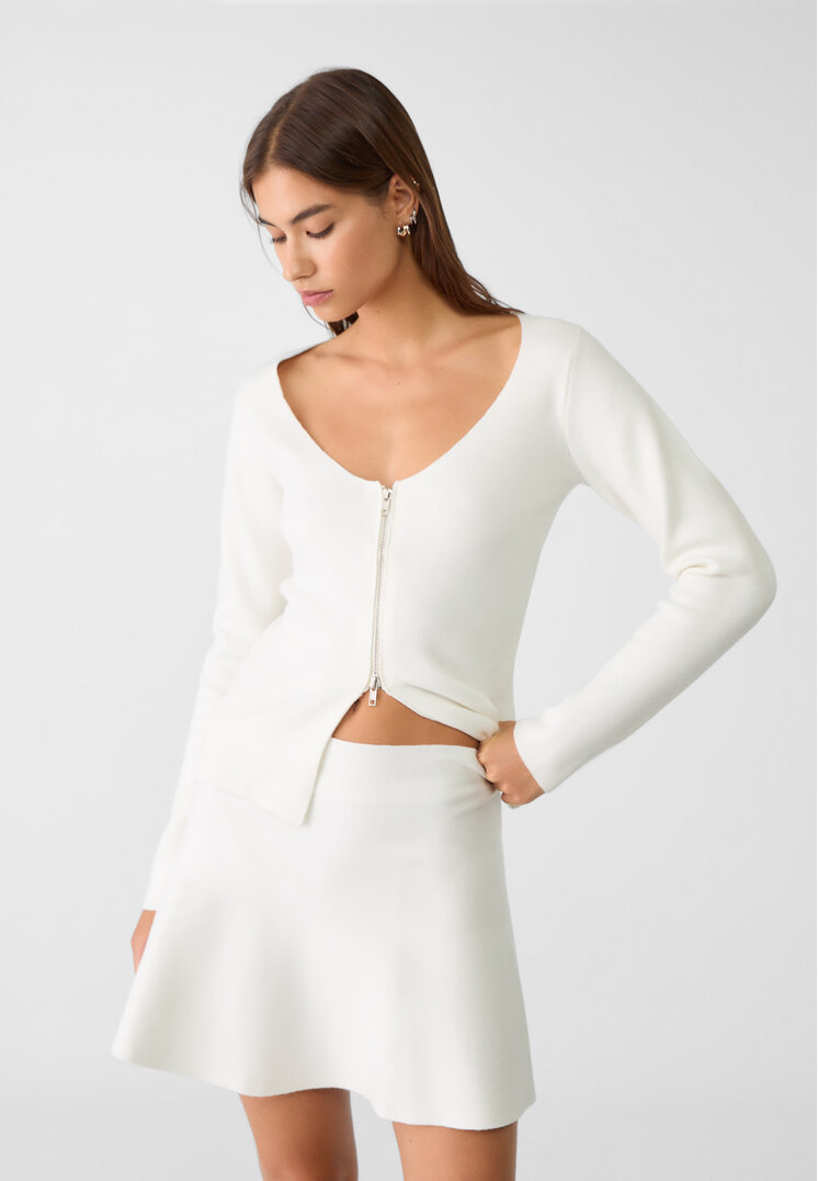 Stradivarius Fustă Vaporoasă Din Tricot Ecru M